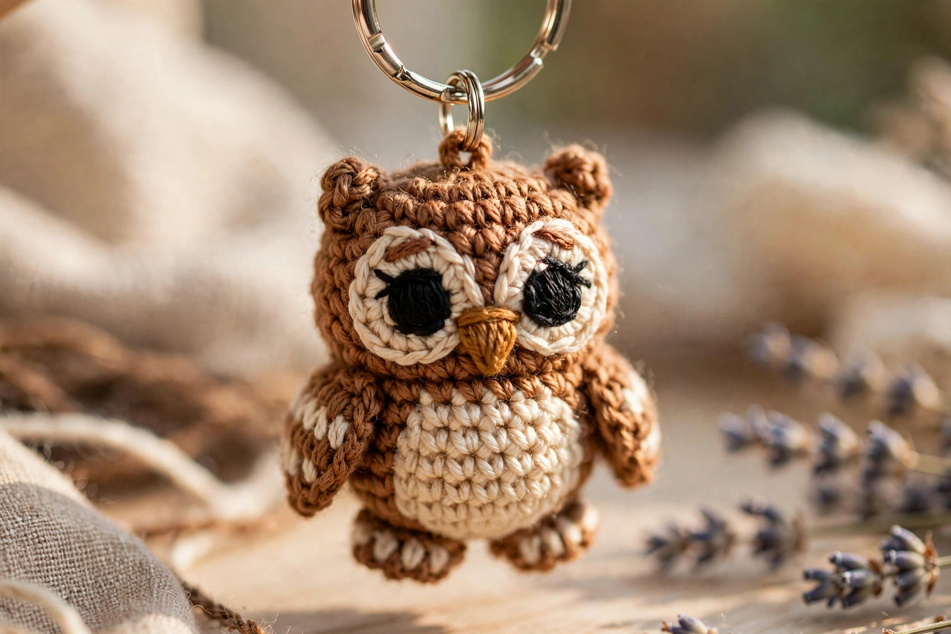 Close-up of a tiny brown and cream crochet owl keychain with big stitched eyes hanging from a silver keyring