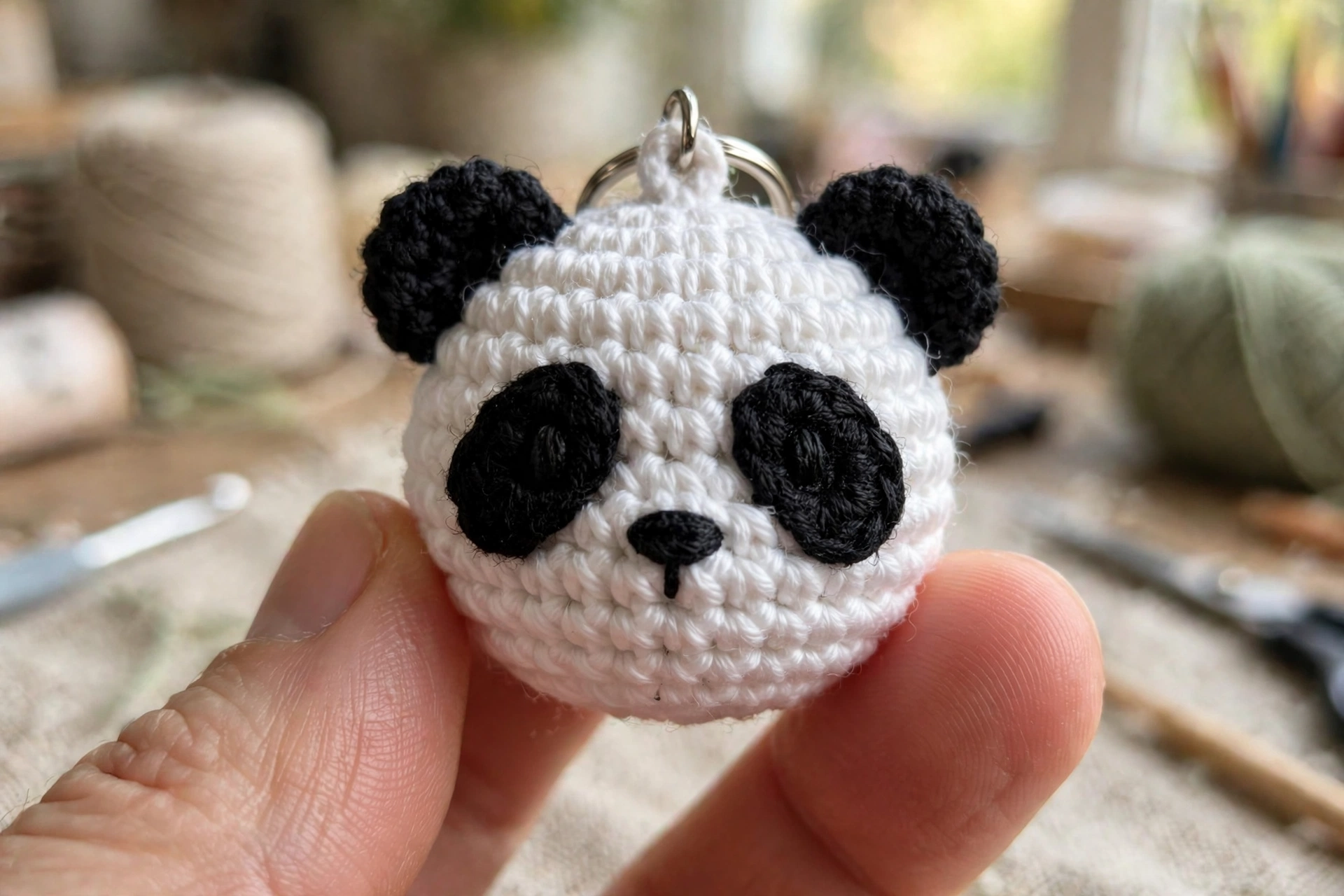 Hand holding a tiny crocheted panda keychain head with a metal key ring