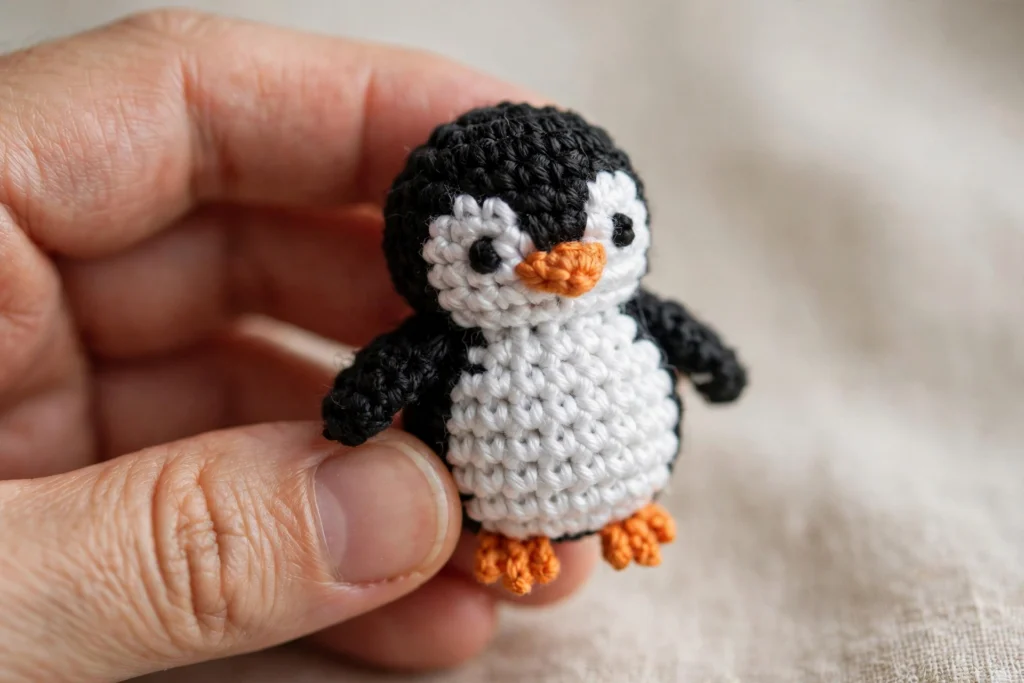 A tiny black and white crochet penguin amigurumi with an orange beak held in a hand