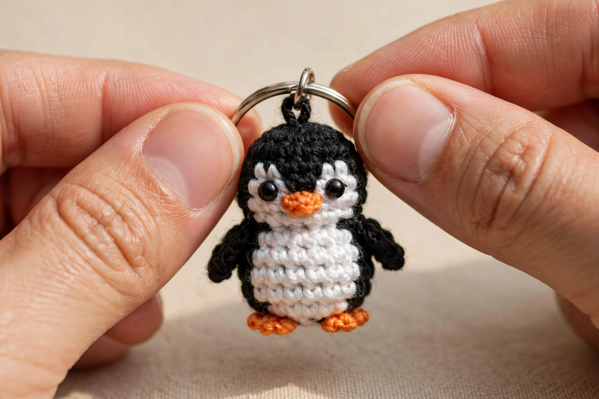 Tiny crocheted black-and-white penguin keychain with orange beak and feet held between two fingertips to show scale