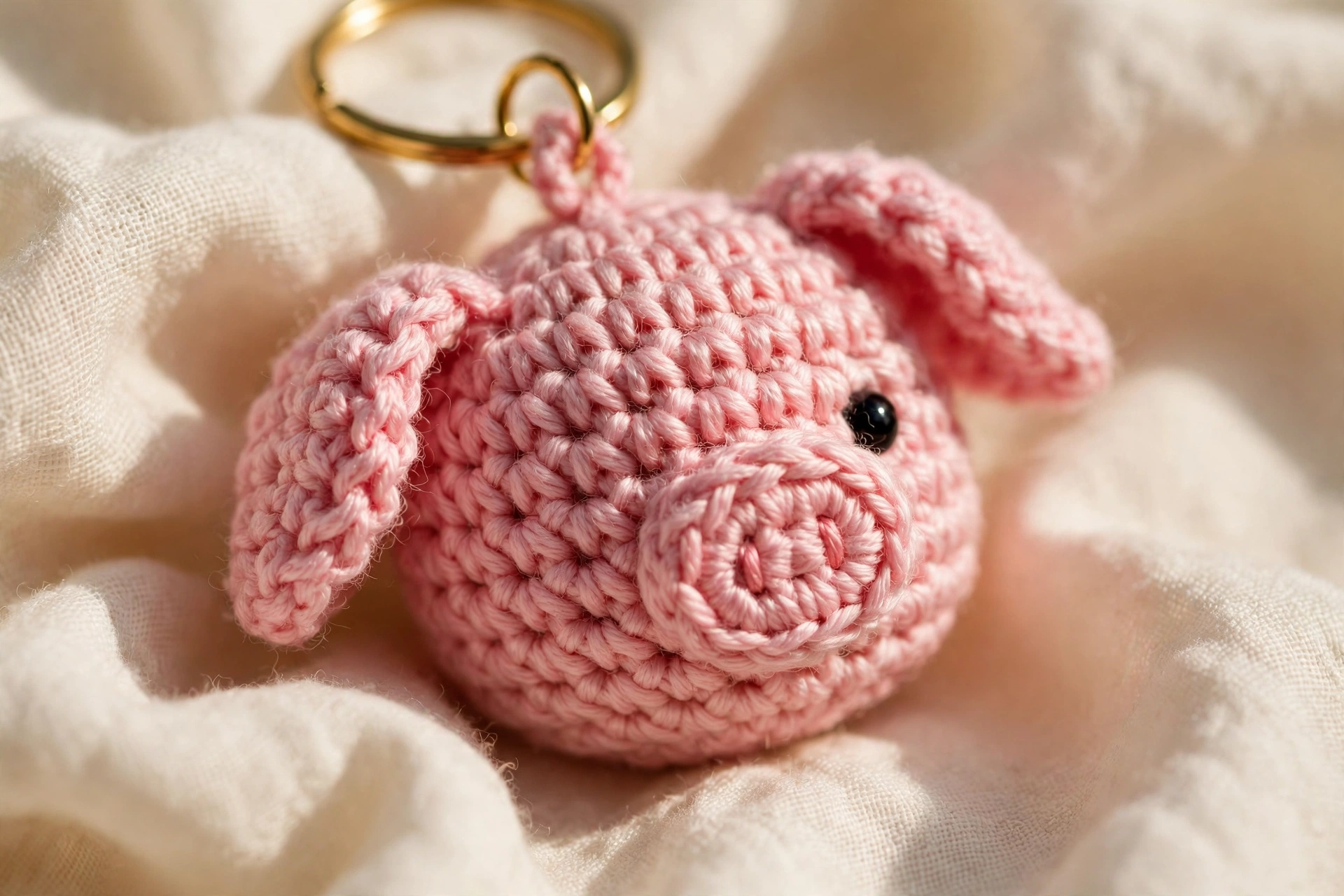 Close-up of a mini pink crochet pig keychain with a safety eye and gold keyring