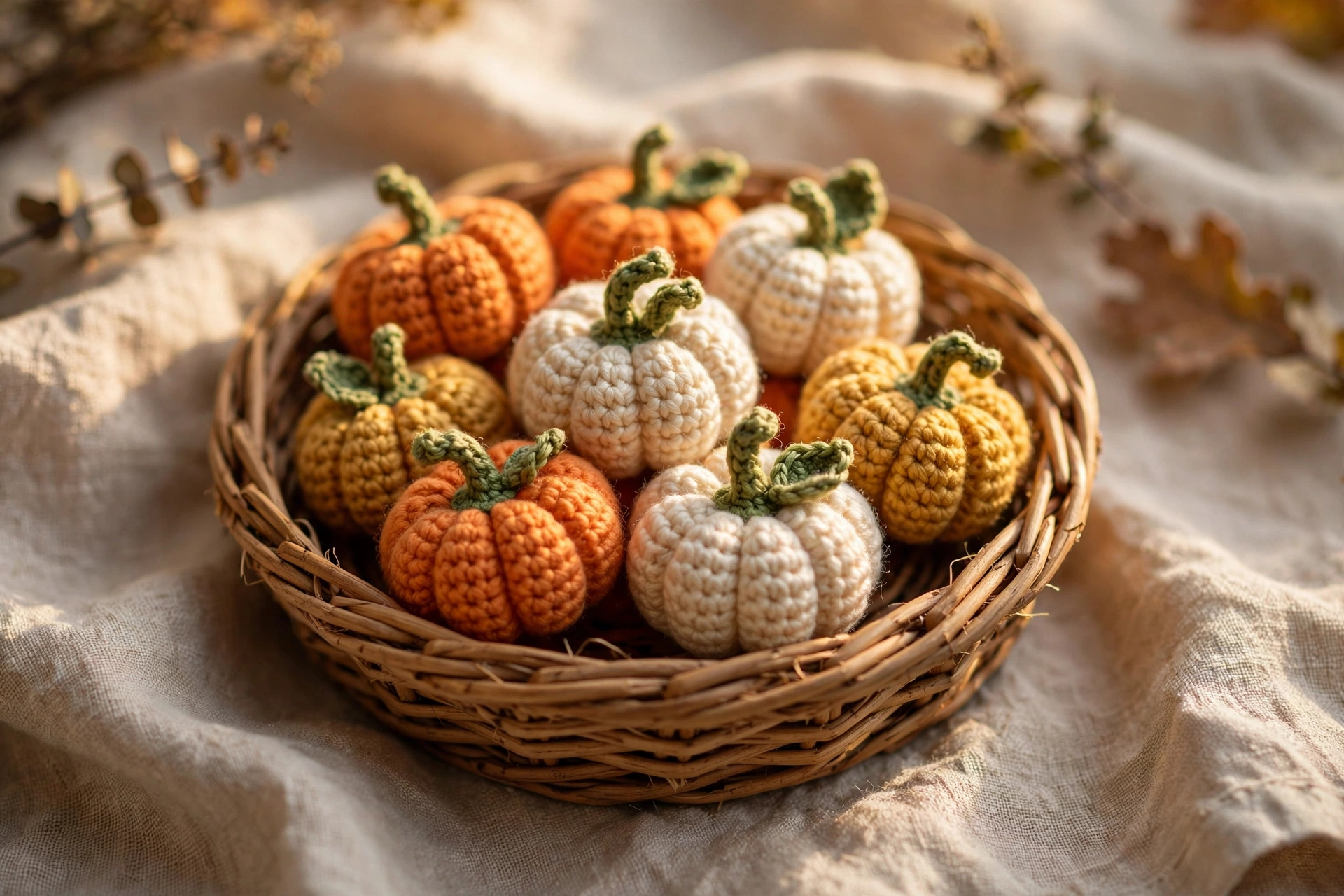 Basket of tiny crocheted pumpkin minis in orange, cream and mustard yarn
