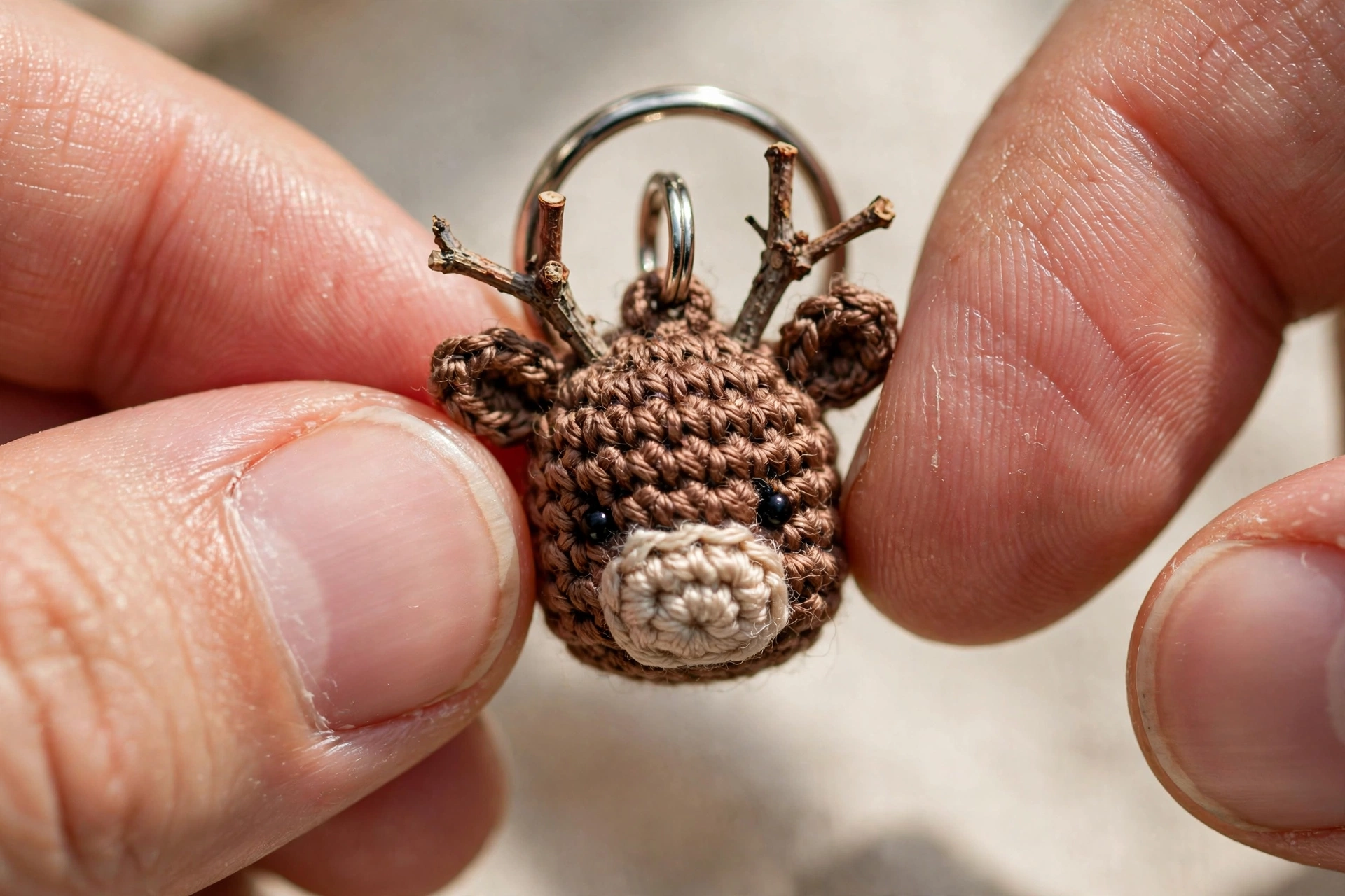 Close-up of a tiny crocheted reindeer head keychain with twig antlers, bead eyes and a cream muzzle held between fingers