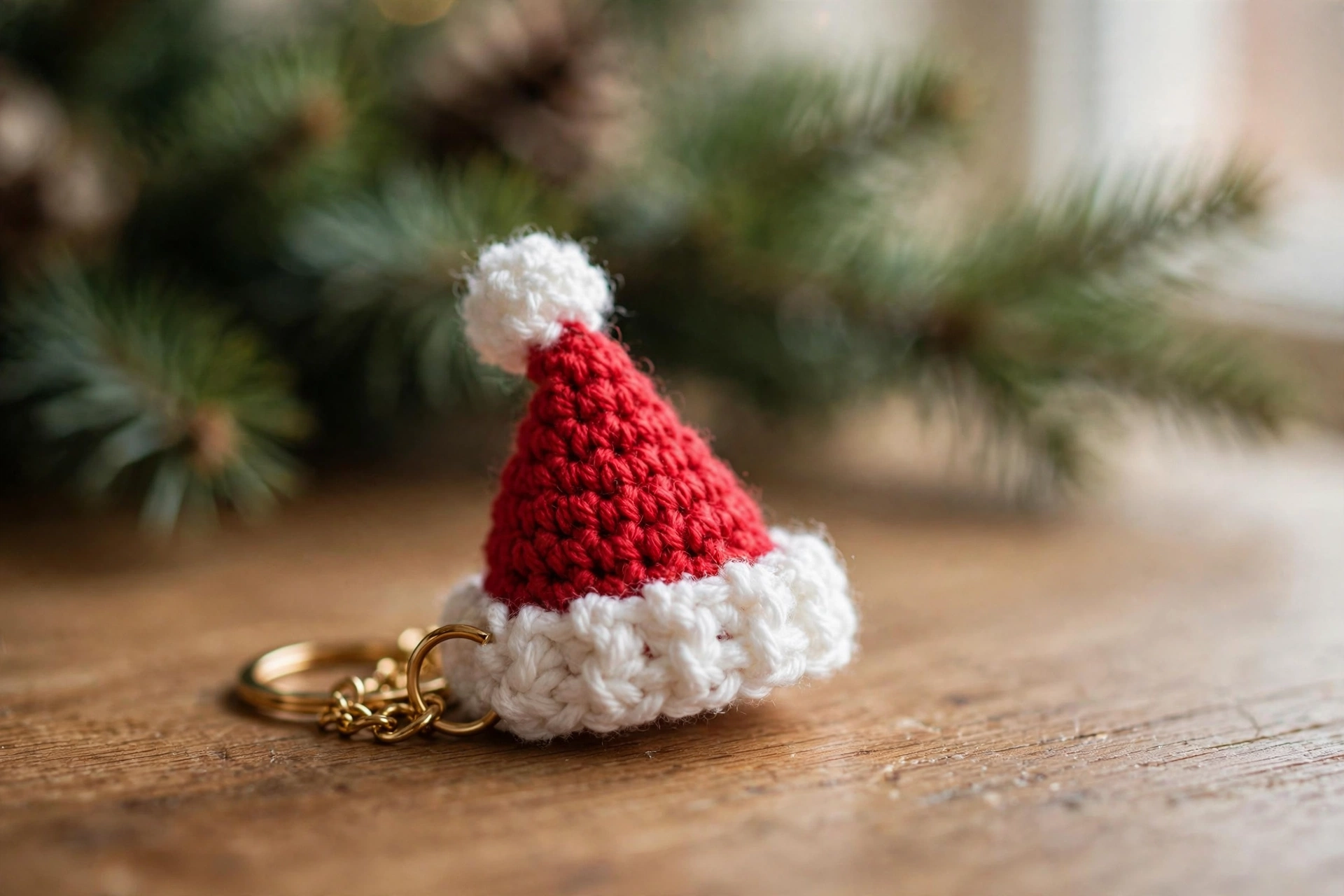 Close-up of a mini crochet Santa hat keychain with white brim and pom-pom