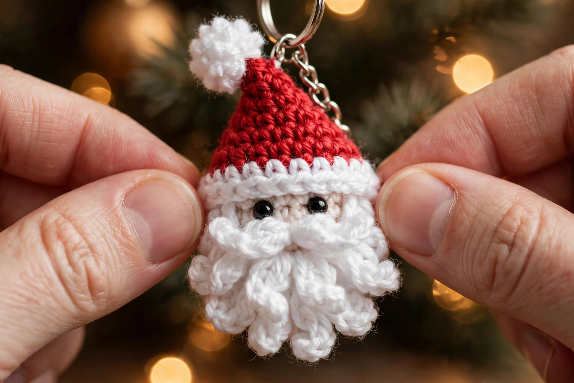 Close-up of a small crocheted Santa Claus face keychain with layered white beard and red hat on a silver keyring