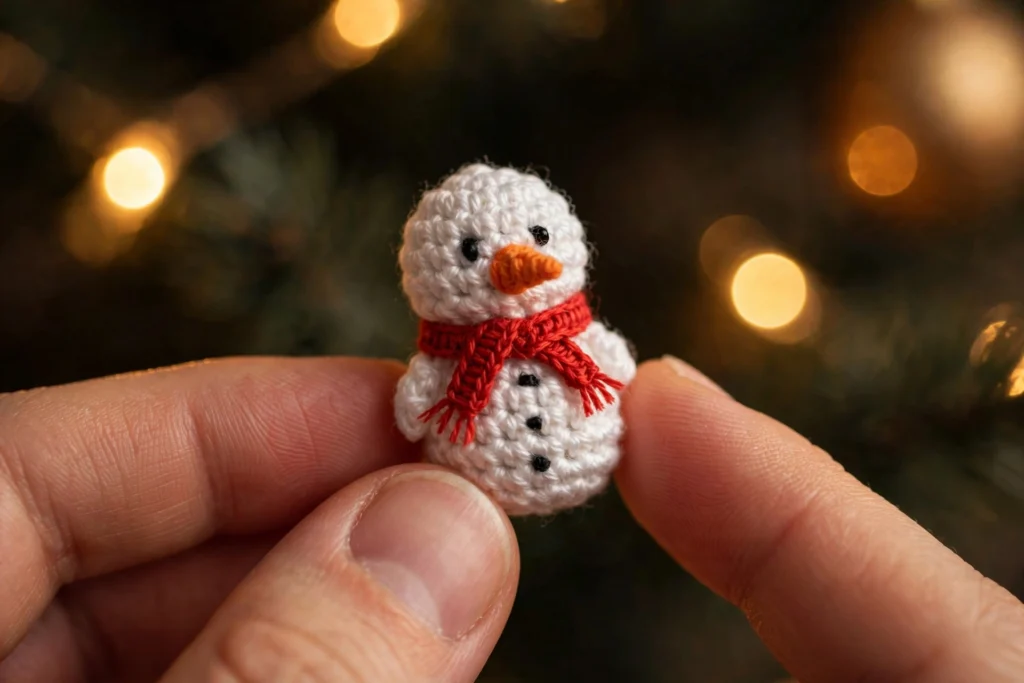 Close-up of a tiny crochet snowman ornament with an orange carrot nose and red scarf held in a hand