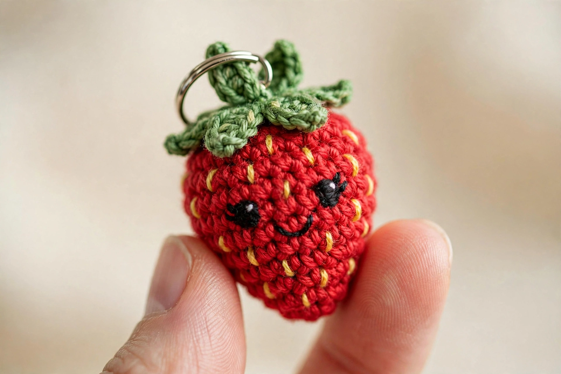 Close-up of a tiny smiling crocheted strawberry keychain with embroidered eyes, yellow seeds and green leafy top held between two fingers