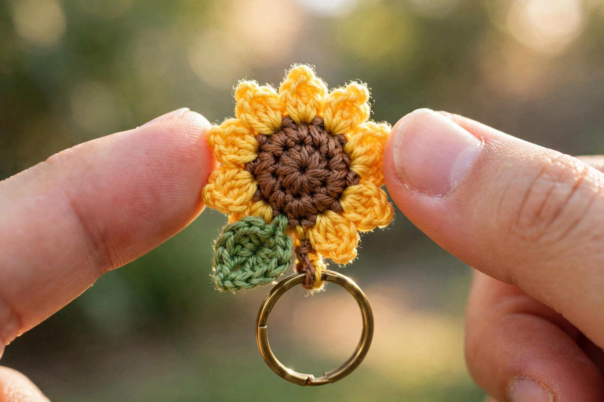 Close-up of a small crochet sunflower keychain with yellow petals, a brown center, and a green leaf held between two fingers