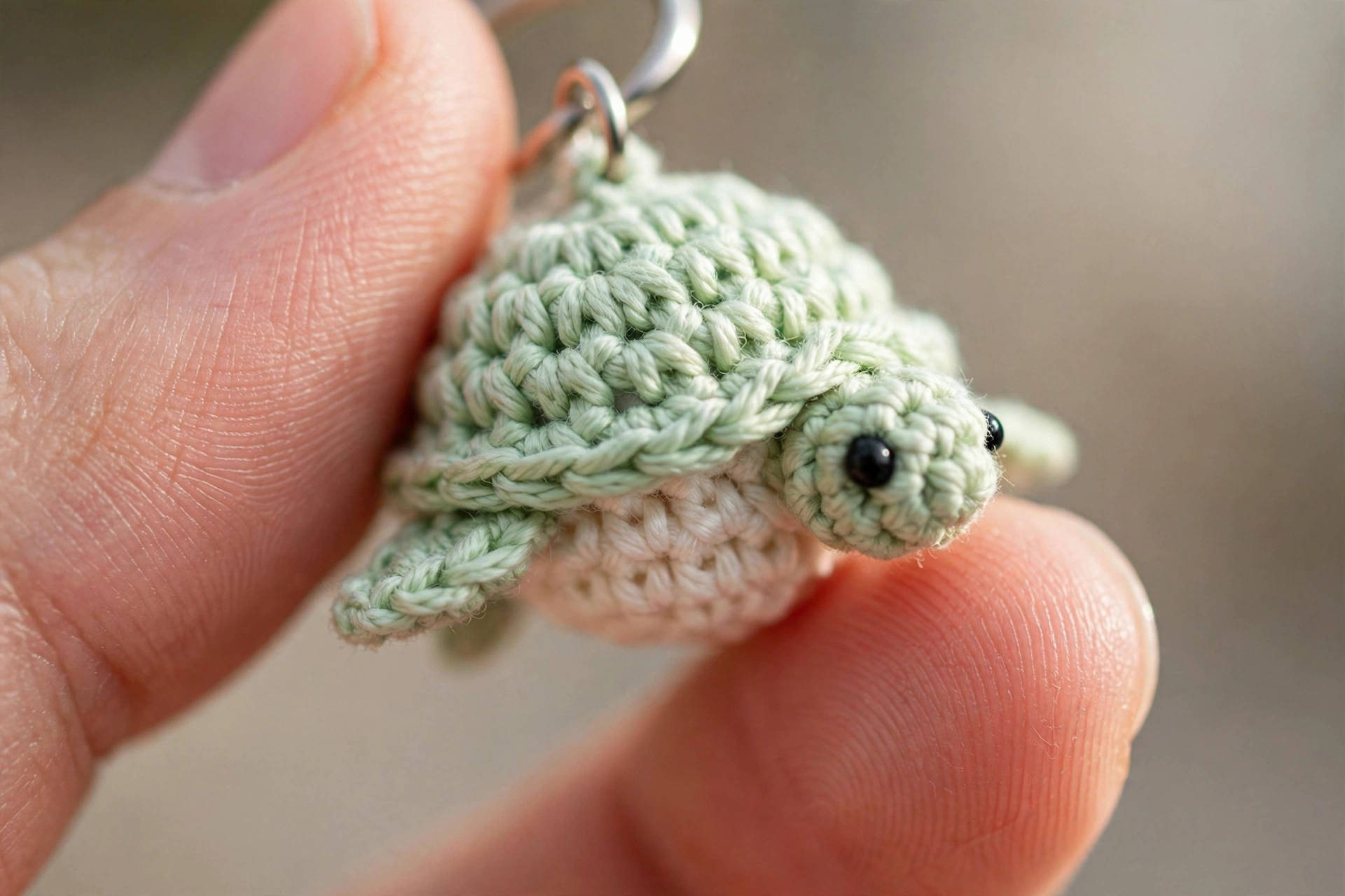 Close-up of a tiny crochet turtle keychain with a green shell held between fingertips