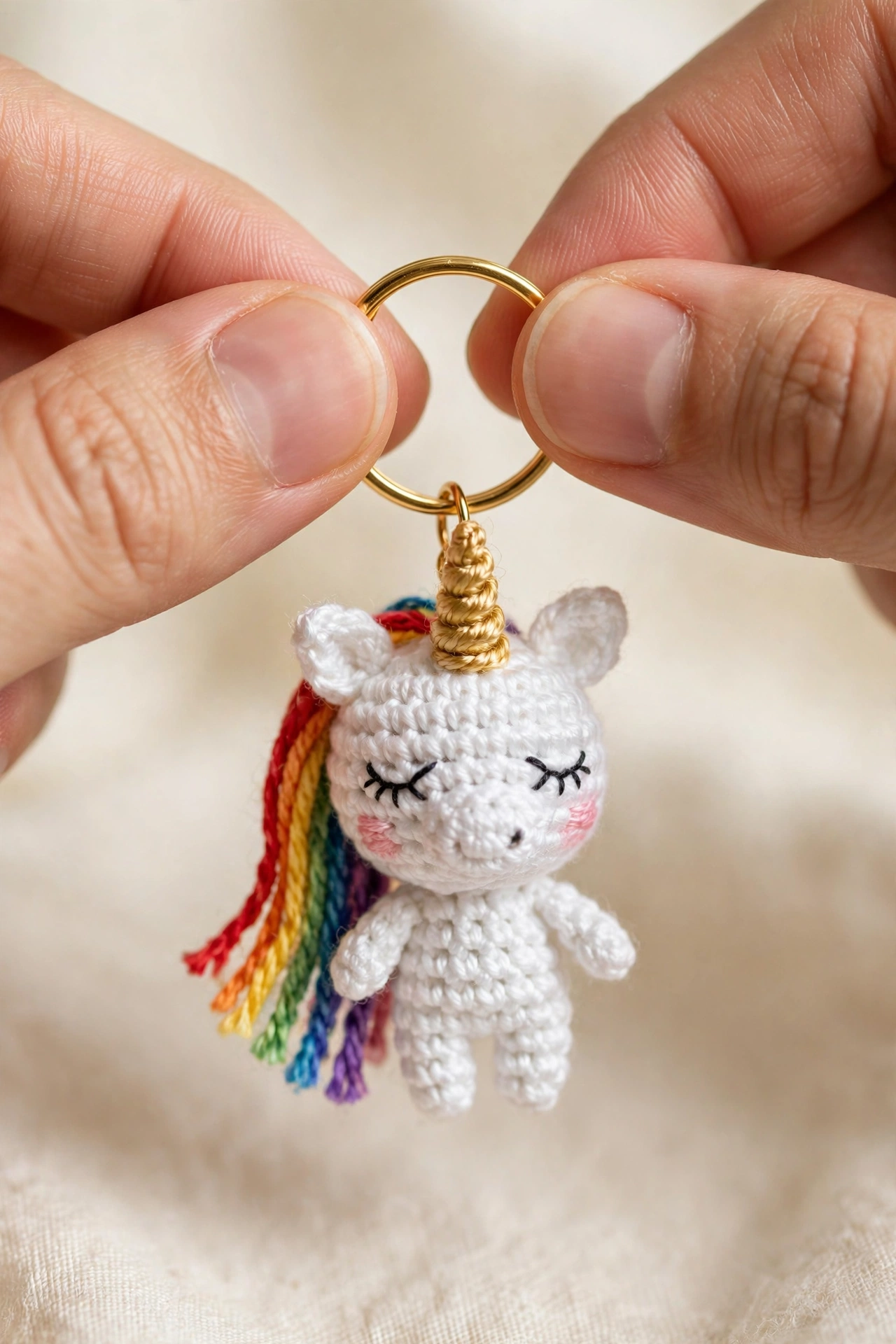 Close-up of a tiny white crochet unicorn keychain with a rainbow mane and golden horn hanging from a gold keyring.