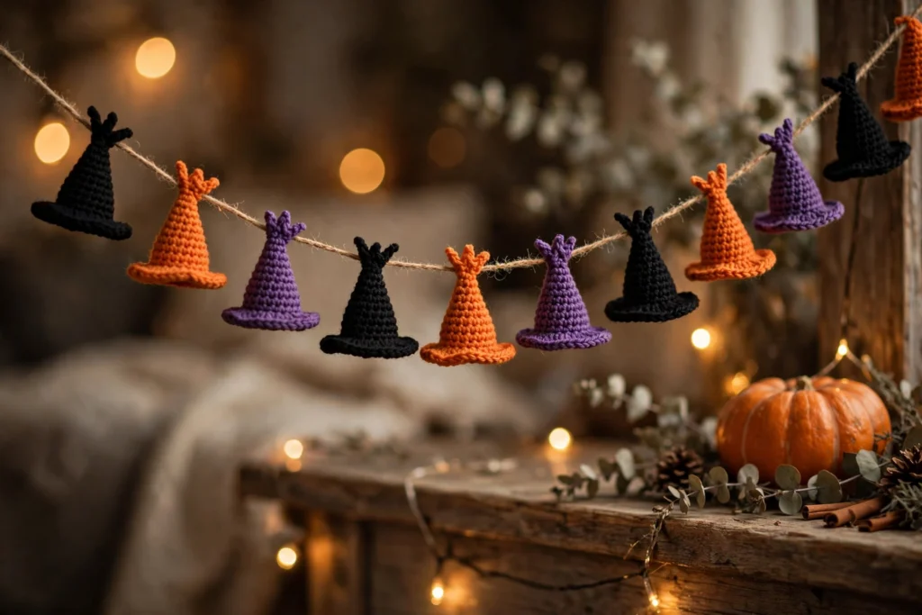 String of mini crocheted witch hats in black, orange and purple hung as a Halloween garland with warm fairy lights