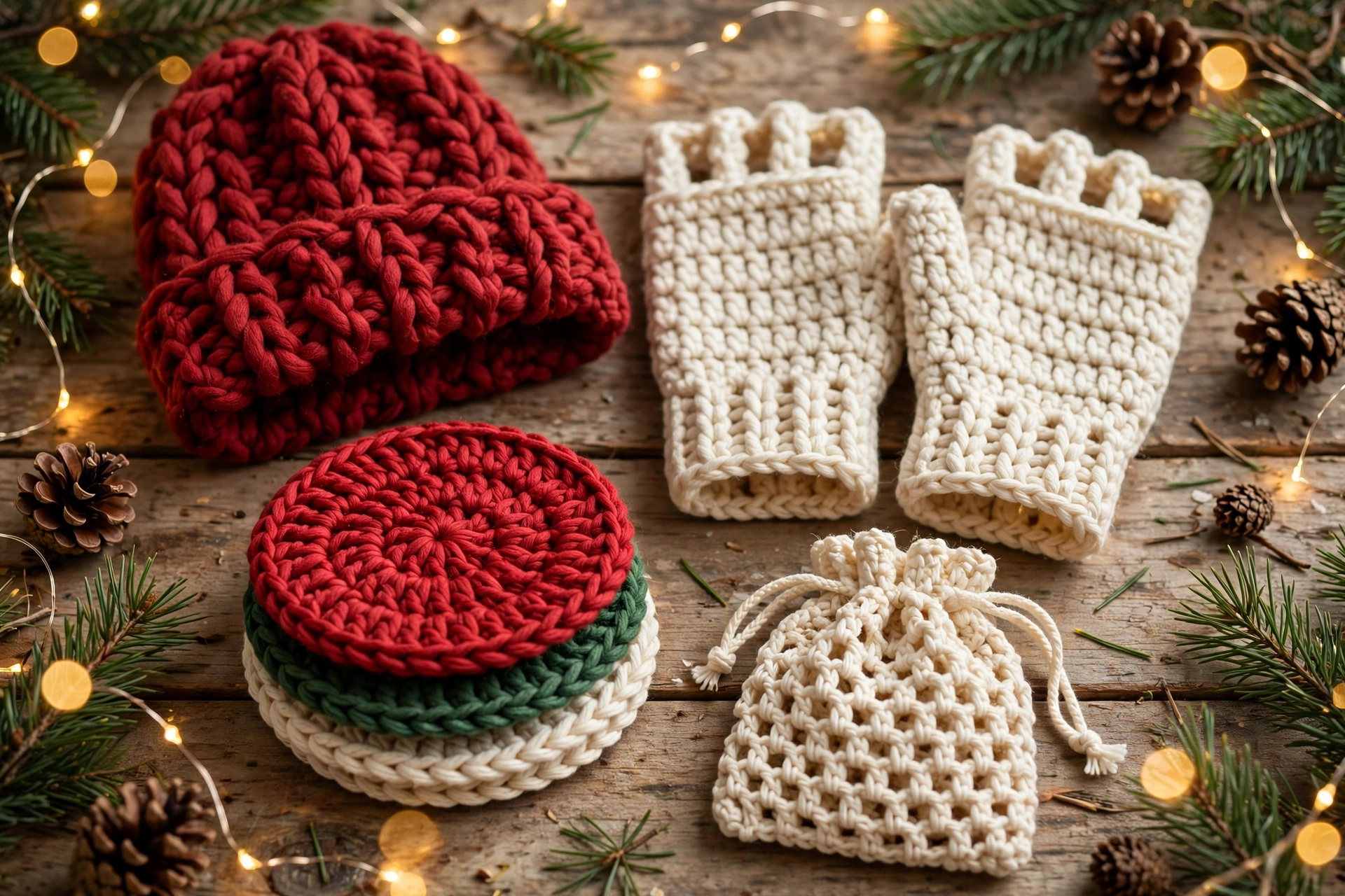 Flat lay of quick crochet Christmas gifts — a chunky red beanie, cream fingerless mittens, red, green and cream coasters, and a small drawstring gift pouch on a wooden table with pine sprigs and fairy lights.